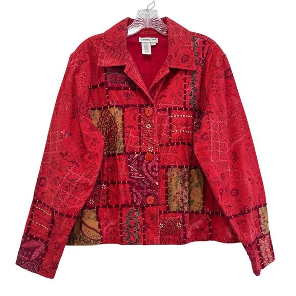 Coldwater Creek Red Patchwork Cotton Button-Up Jacket Sz L Boho Folk Art Style - Picture 1 of 8